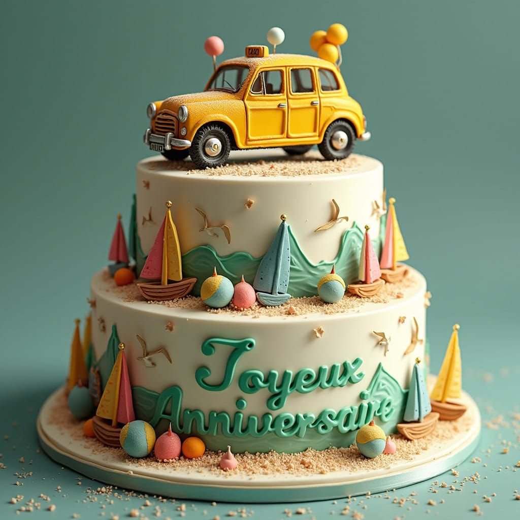 Whimsical Two-Tier Birthday Cake with Vintage Taxi and Lorie...