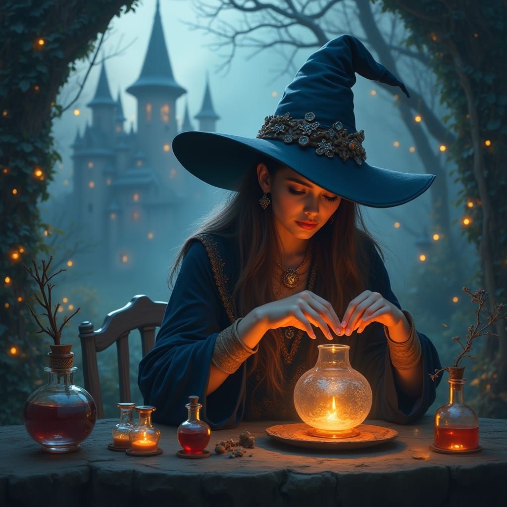 Magical Witch with Castle and Potions