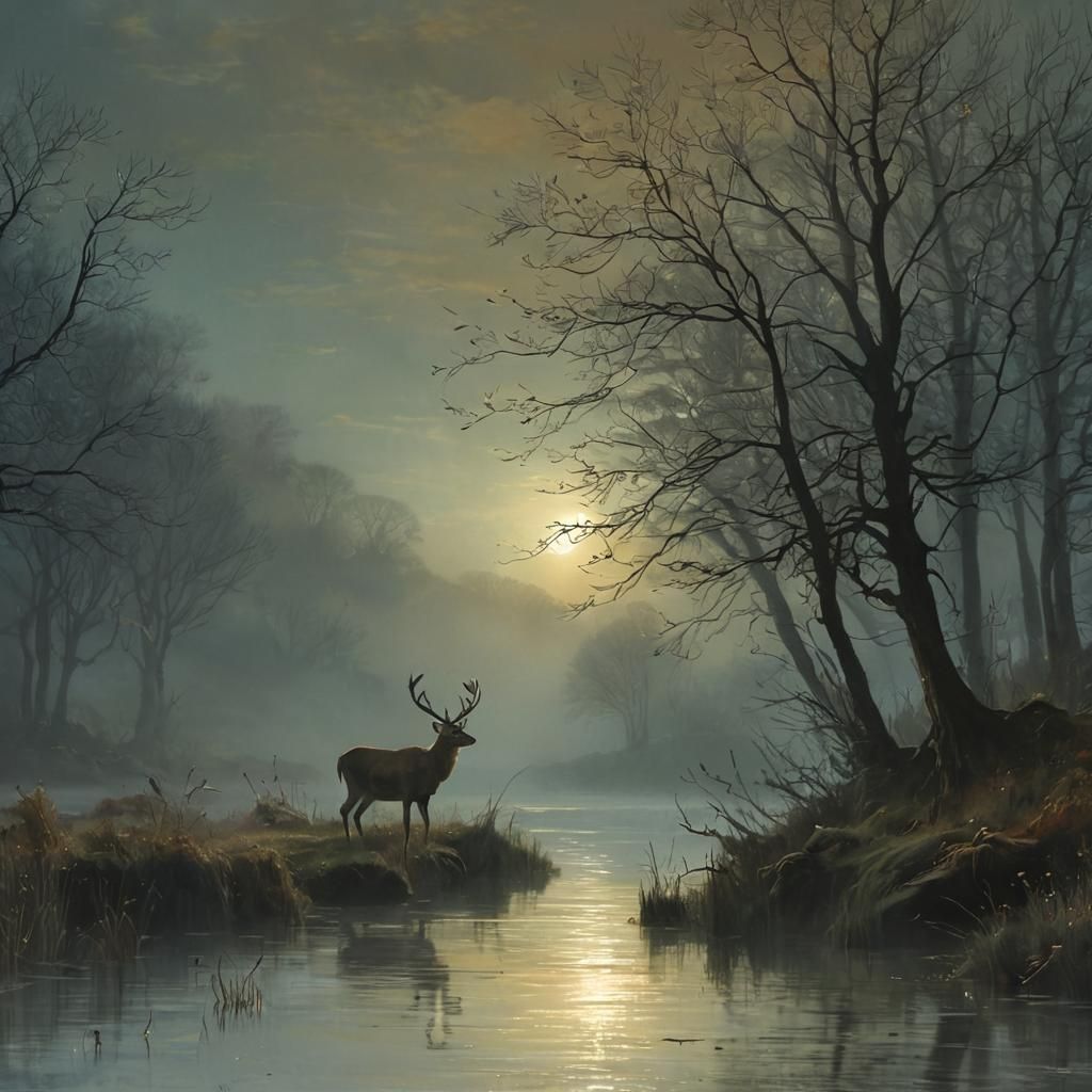 Moonlit Mist and Grazing Deer in Pastel Art