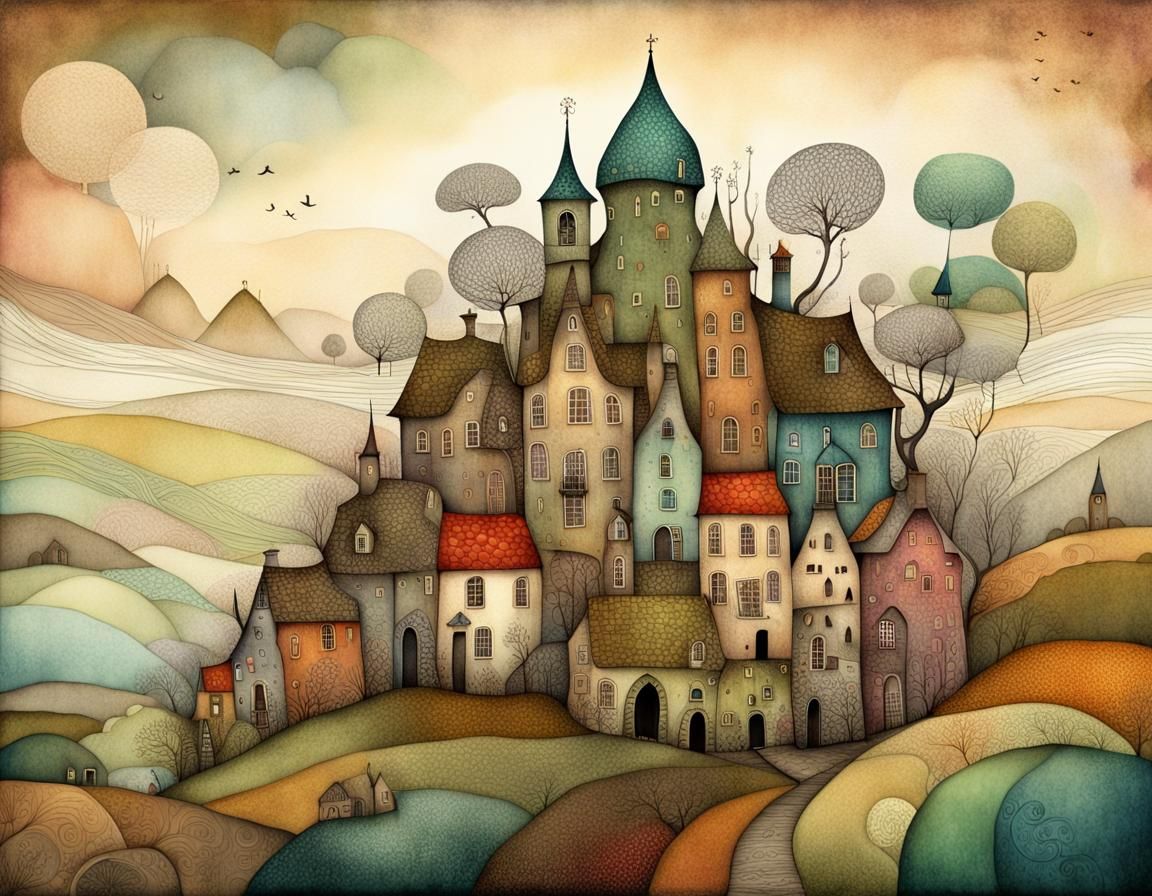 Whimsical Irish Village in Pop Surrealism Style
