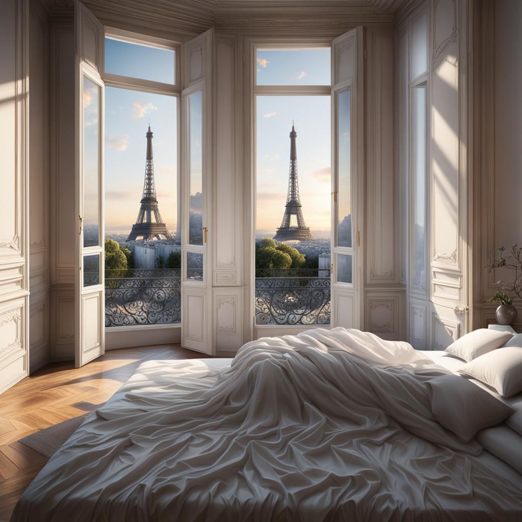 Romantic Couple Embrace in Paris Bedroom