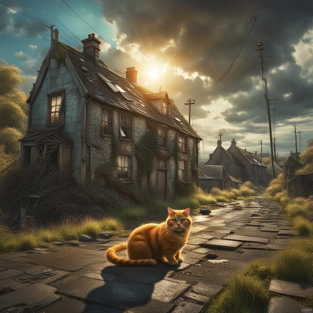 Surreal Victorian Garfield Over Dystopian Village