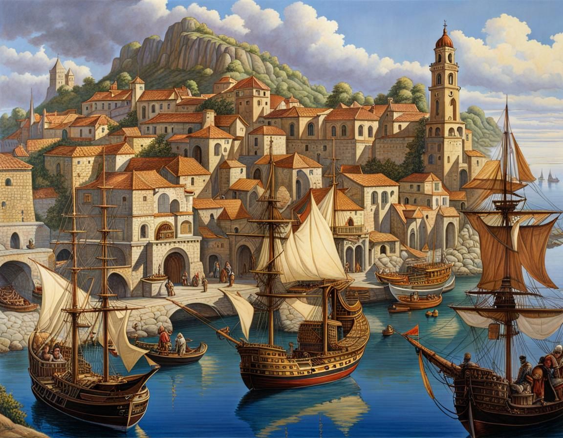 Fantasy Port City with Mediterranean Architecture