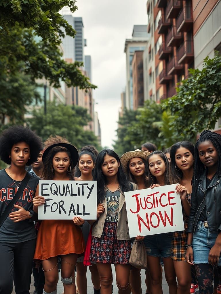 Teenage Activists in Surrealist City Park Scene