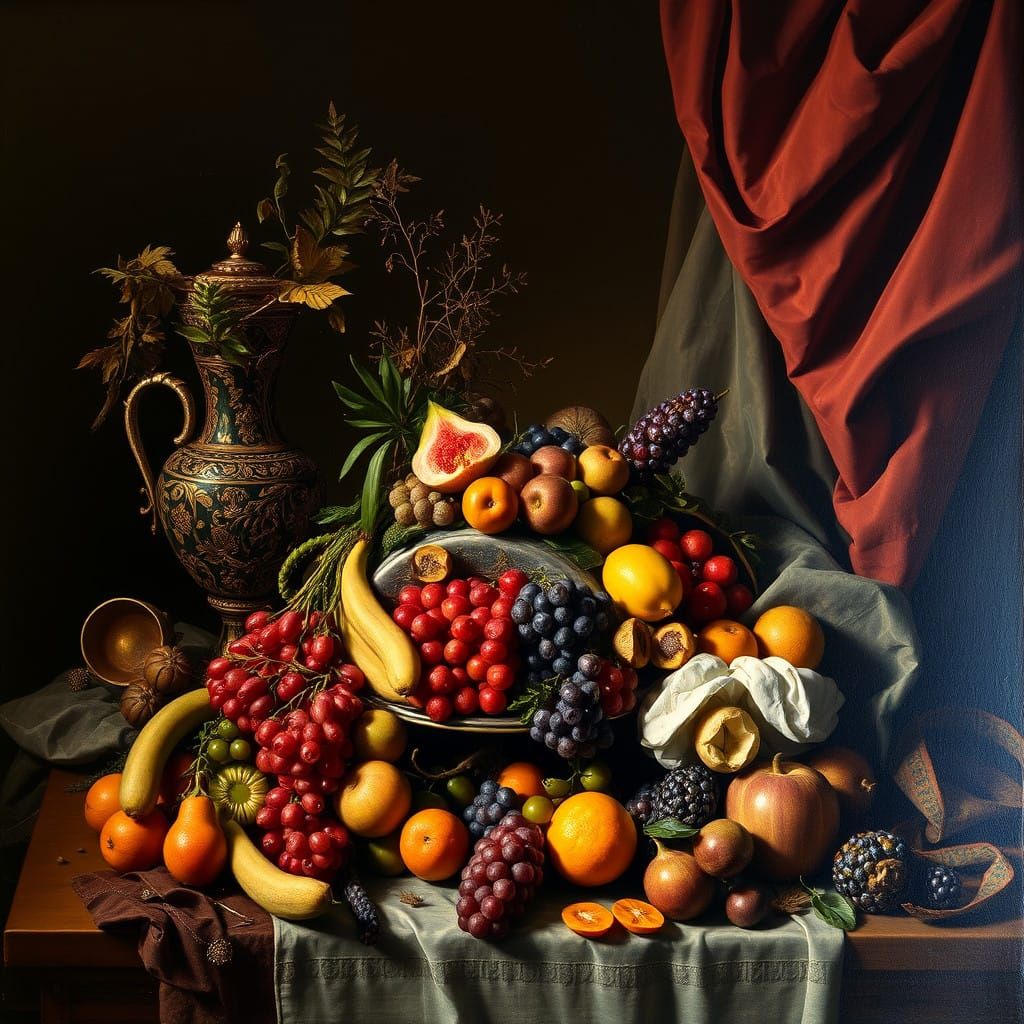Baroque Still Life Masterpiece with Luxurious Fruits and Fab...