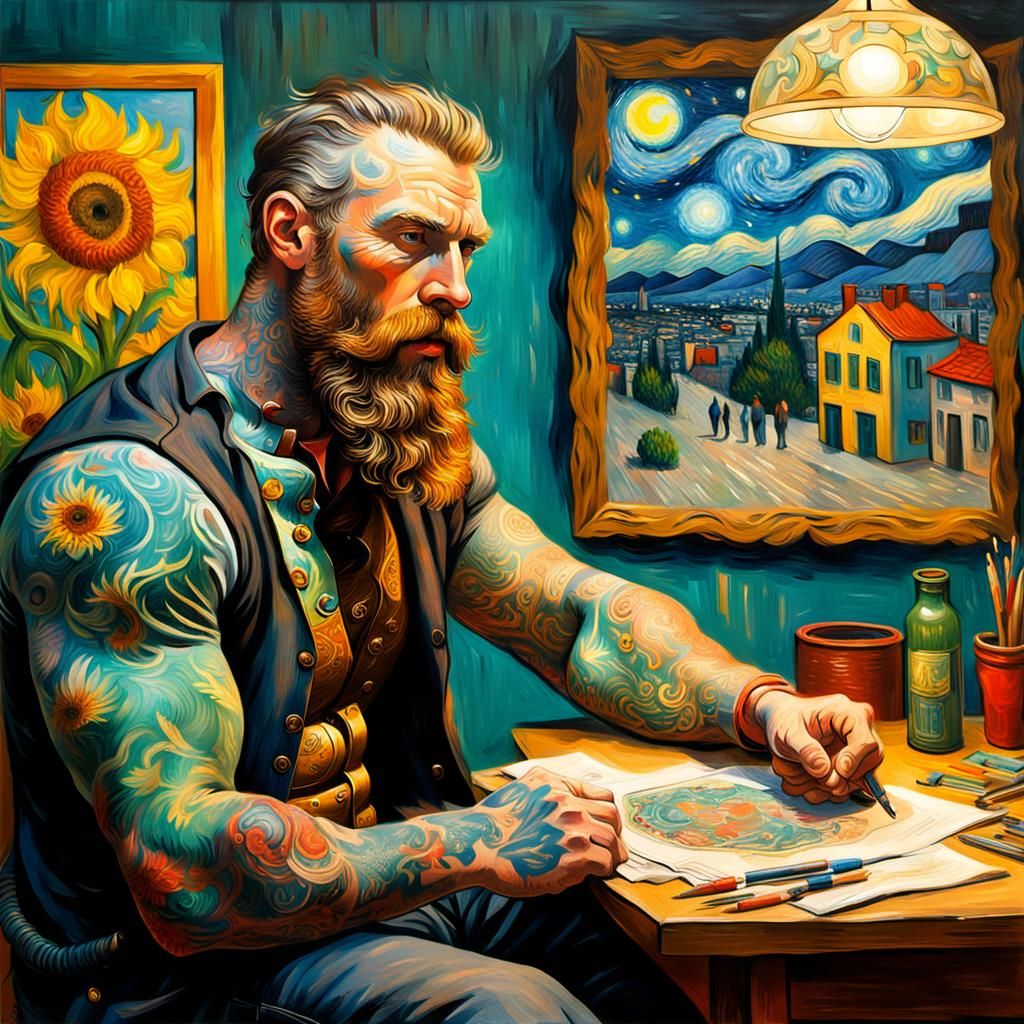 Impressionist Tattooed Man in Van Gogh Style