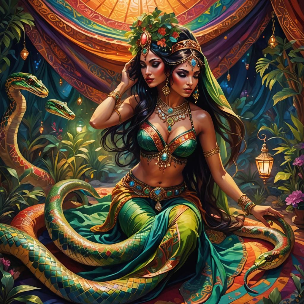 Mystical Belly Dancer Mesmerizing Snake: Fantasy Concept Art