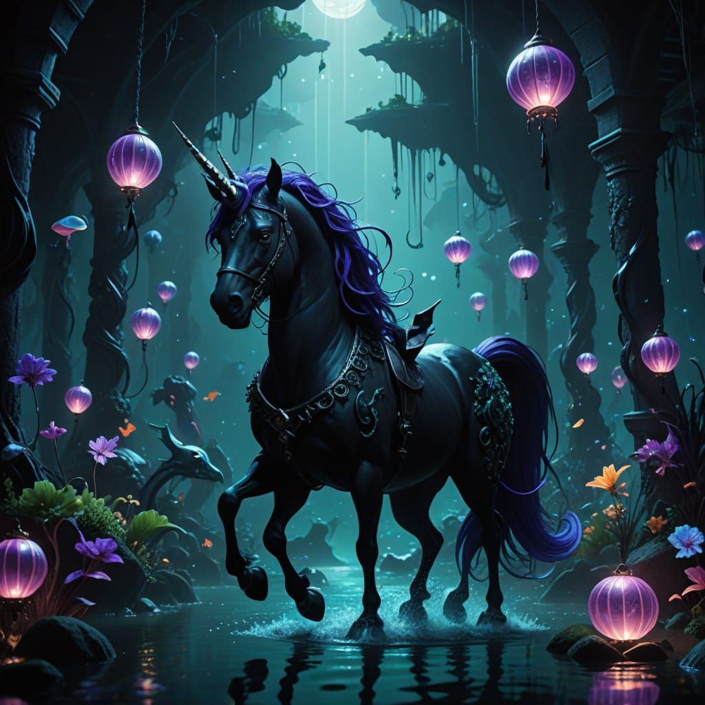 Wednesday Addams Rides a Black Unicorn through an Underwater...