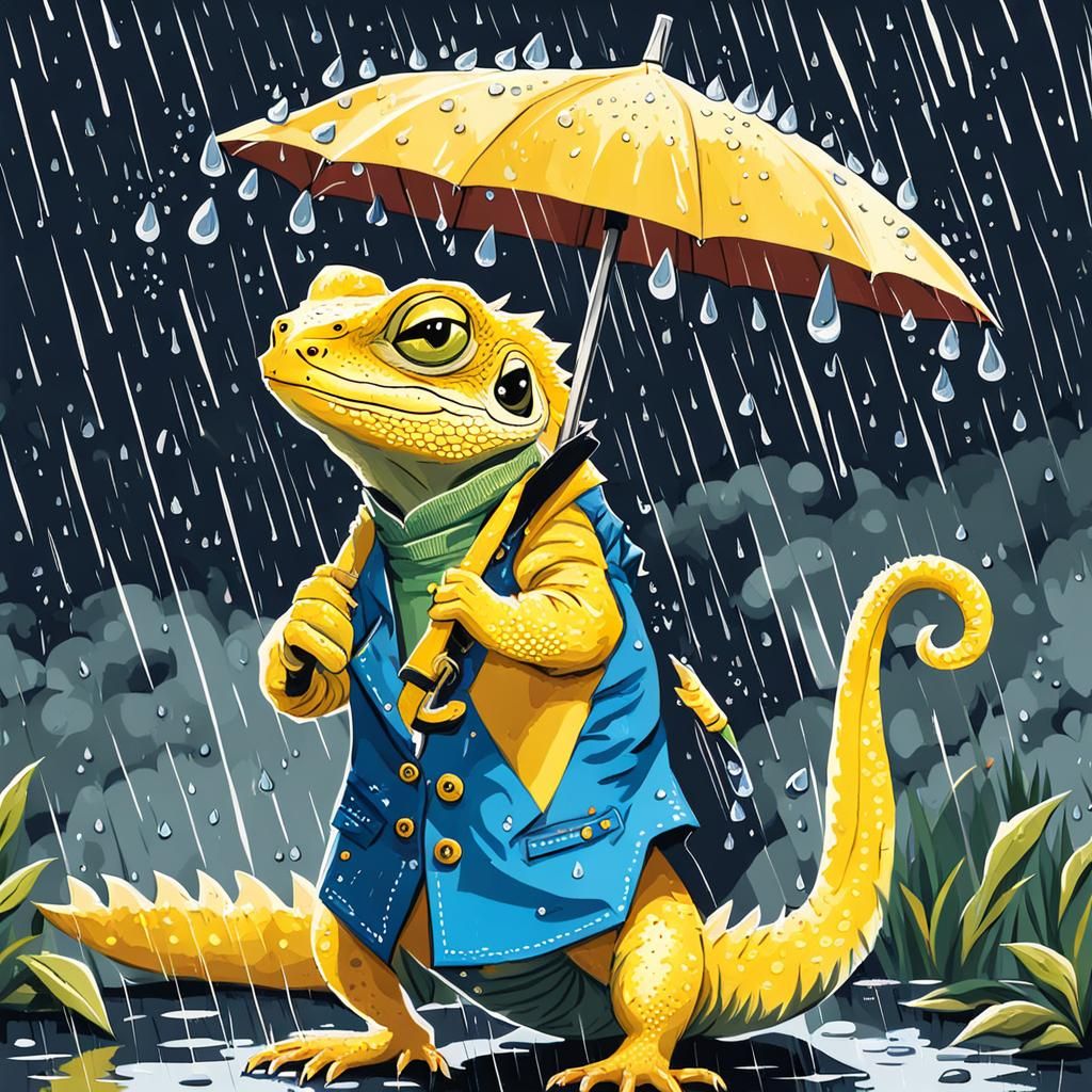 Cute Lizard with Umbrella in Gouache Style