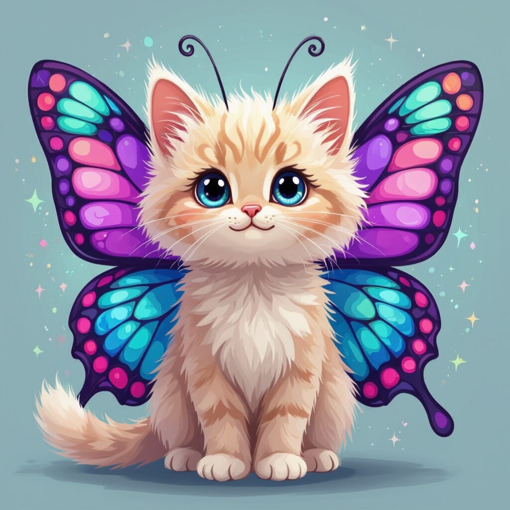 Cartoon Cat with Stained Glass Butterfly Wings
