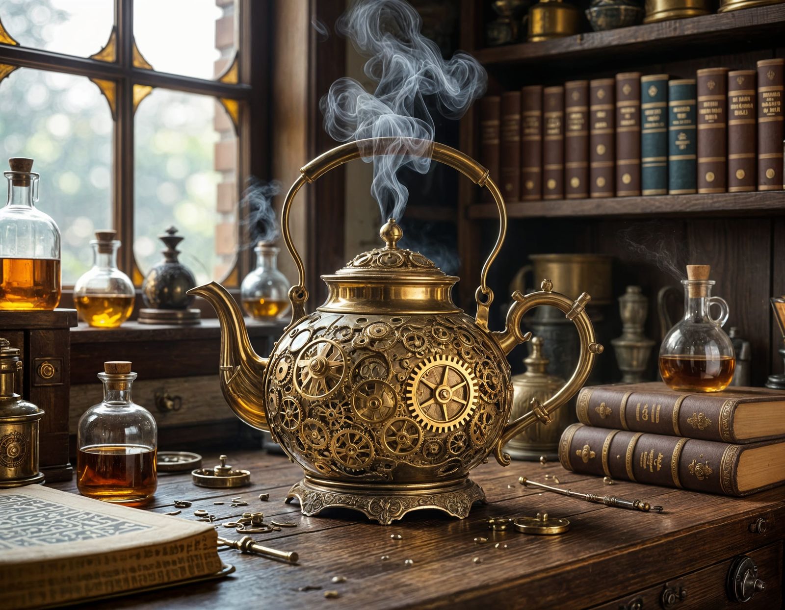 Steampunk Teapot with Arcane Tools and Glowing Vials