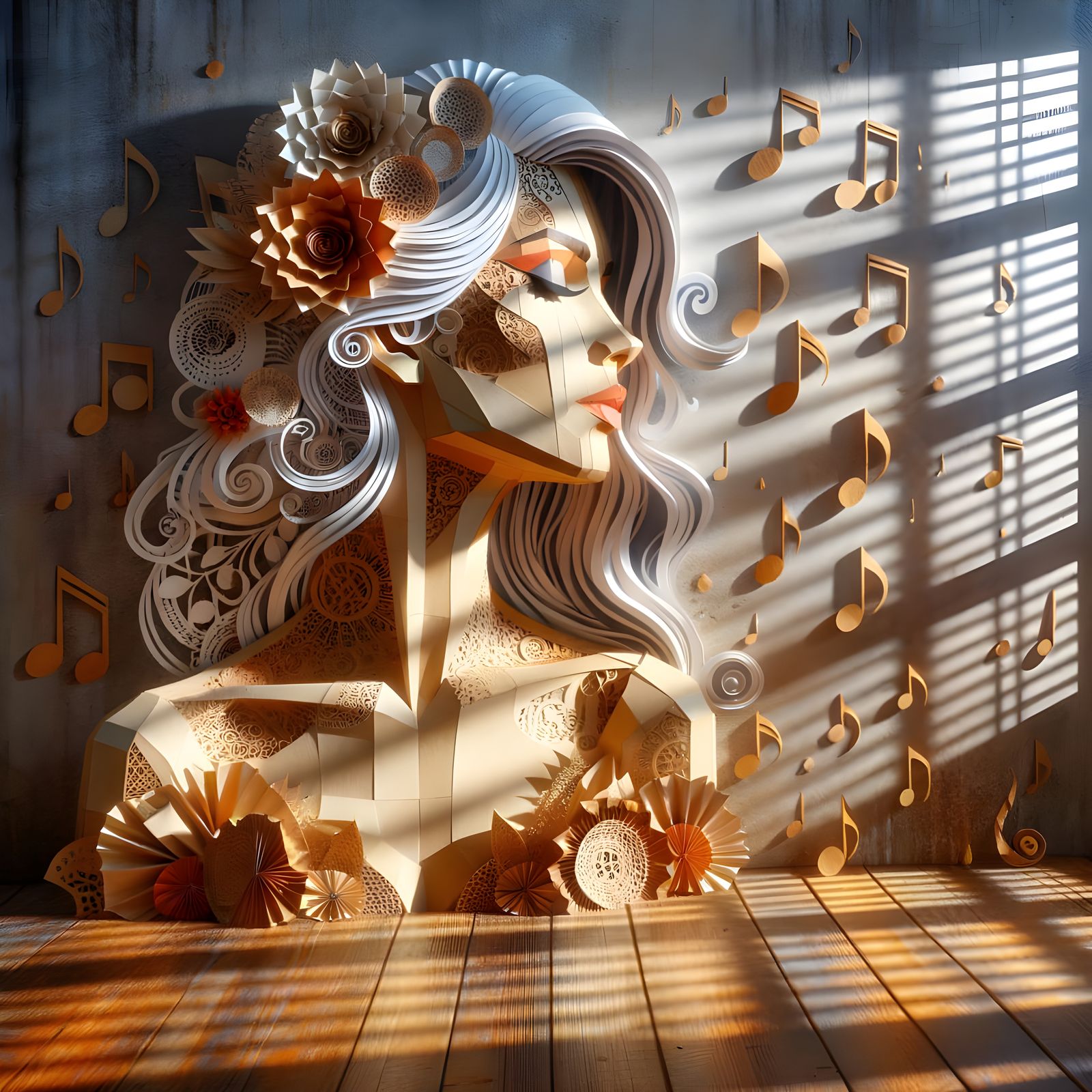 Hispanic Woman Paper Sculpture with Musical Light Patterns