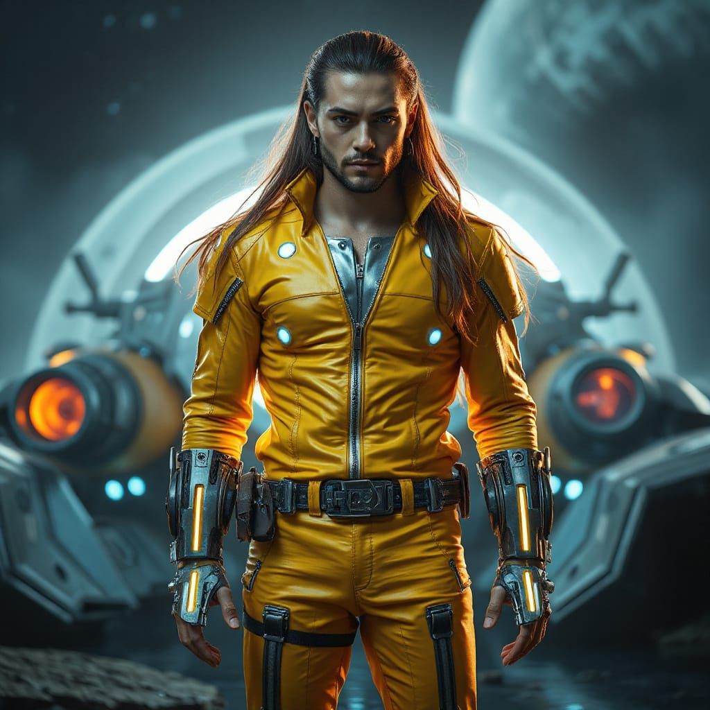 Confident Cyborg in Futuristic Alien Landscape