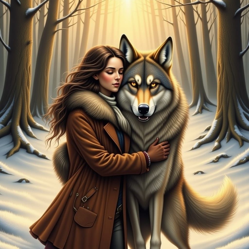 Woman and Wolf Embrace in Winter Forest