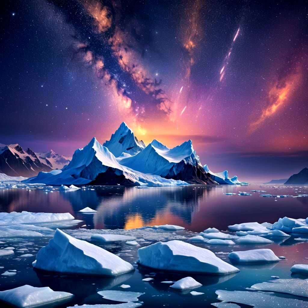 Lonely Iceberg Floating at Night: Detailed Matte Painting
