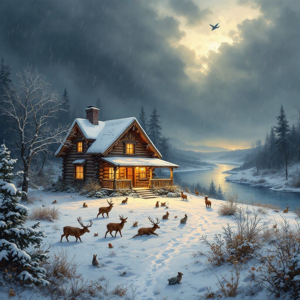 Serene Cabin Amidst Whimsical Winter Wonderland