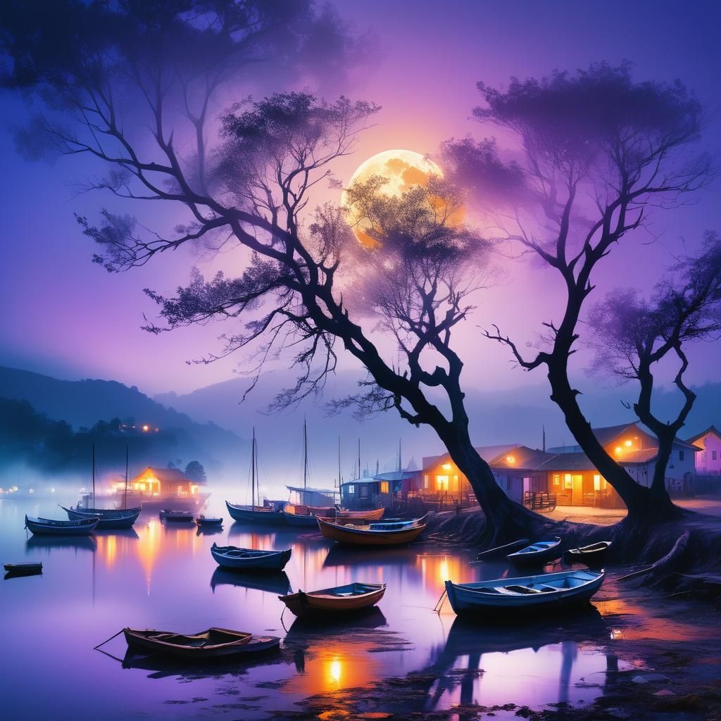 Mystical Lakeside Village in Vaporwave Double Exposure