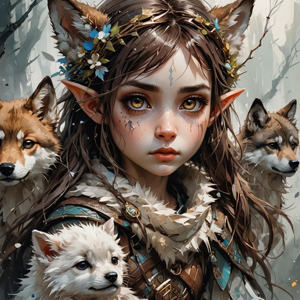 Chibi Elven Huntress with Baby Wolf, Ink Flow Art