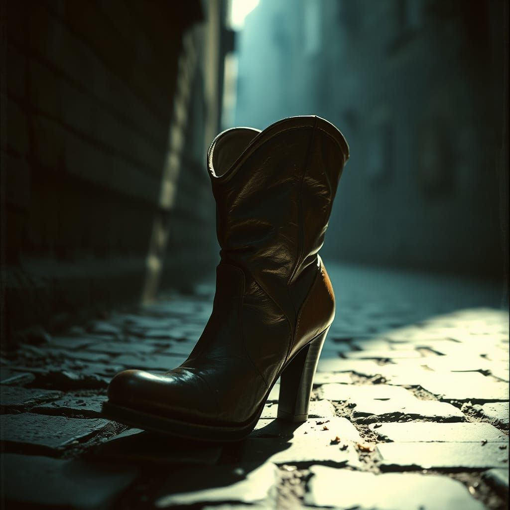 A mysterious high-heeled boot, abandoned in a dimly lit, cob...