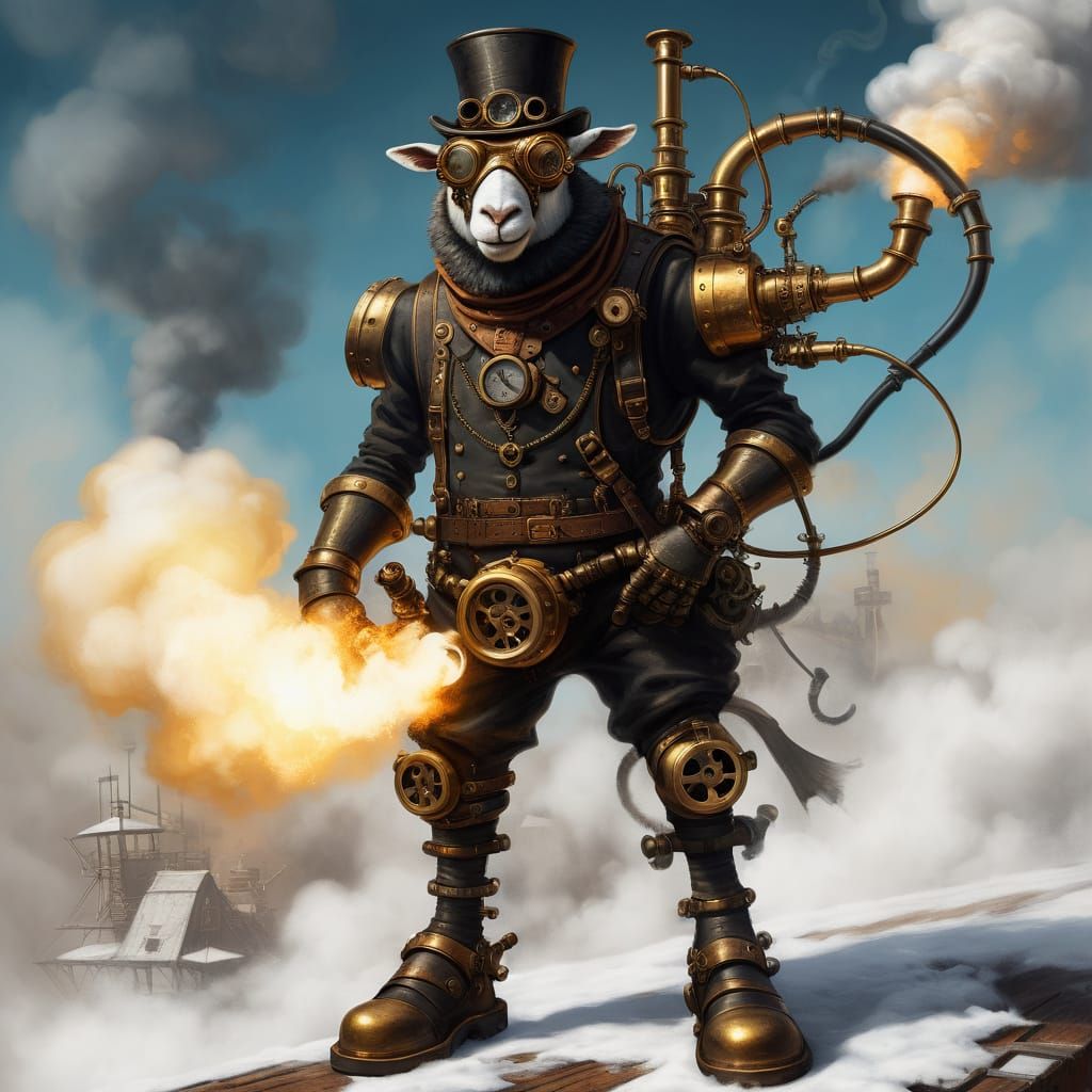Steampunk Snowman with Mechanical Goat Legs