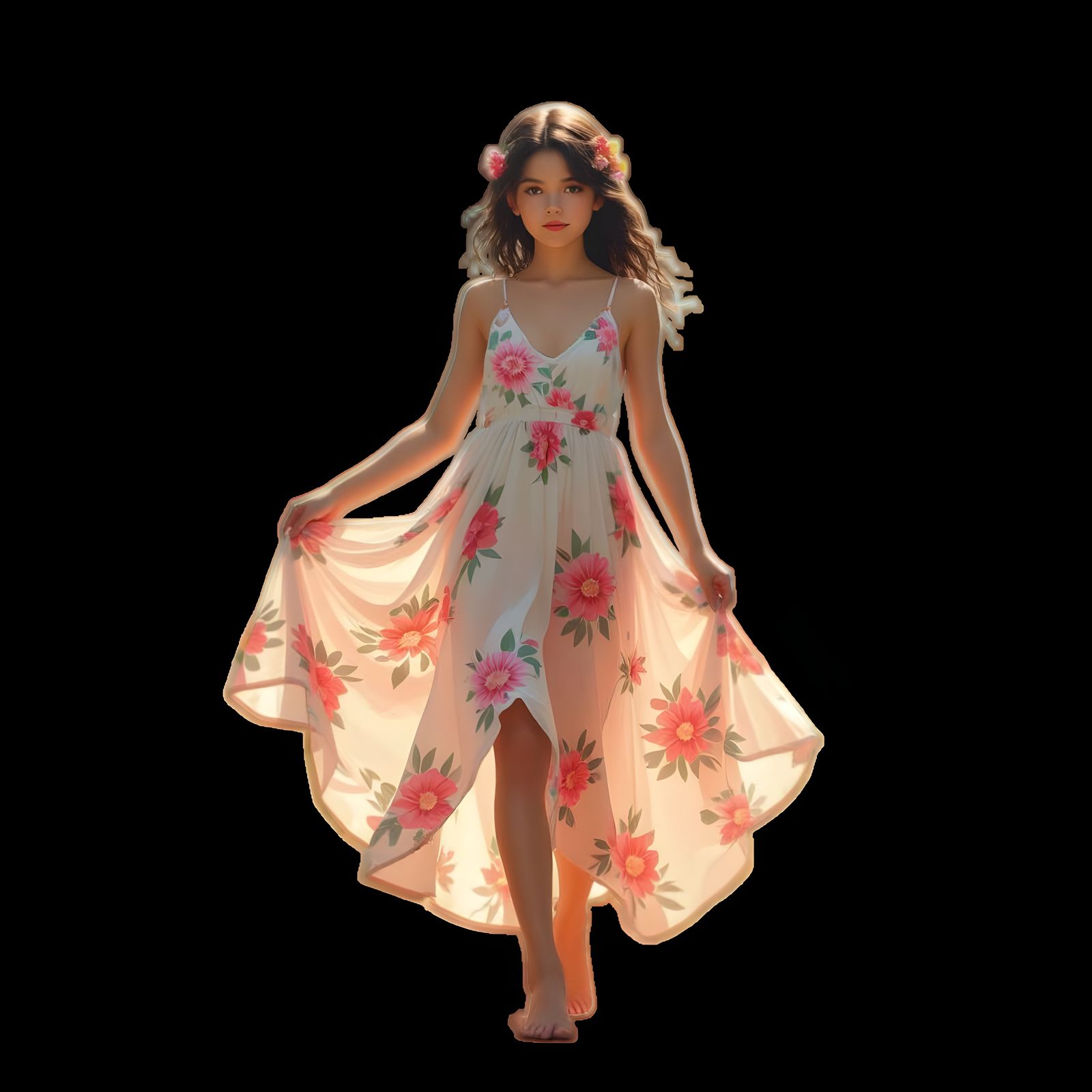 Girl in Floral Dress in Fantasy Landscape