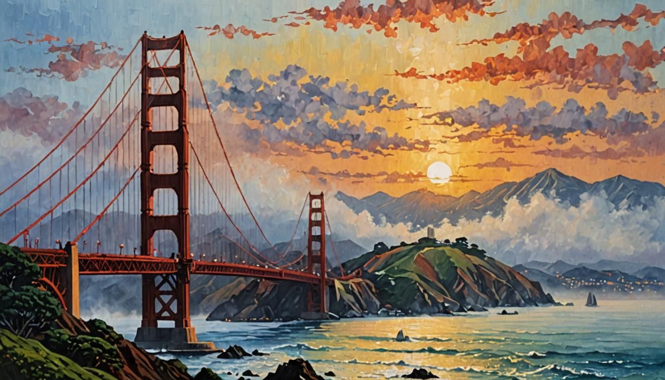 Golden Gate Bridge Sunrise in Impasto Style