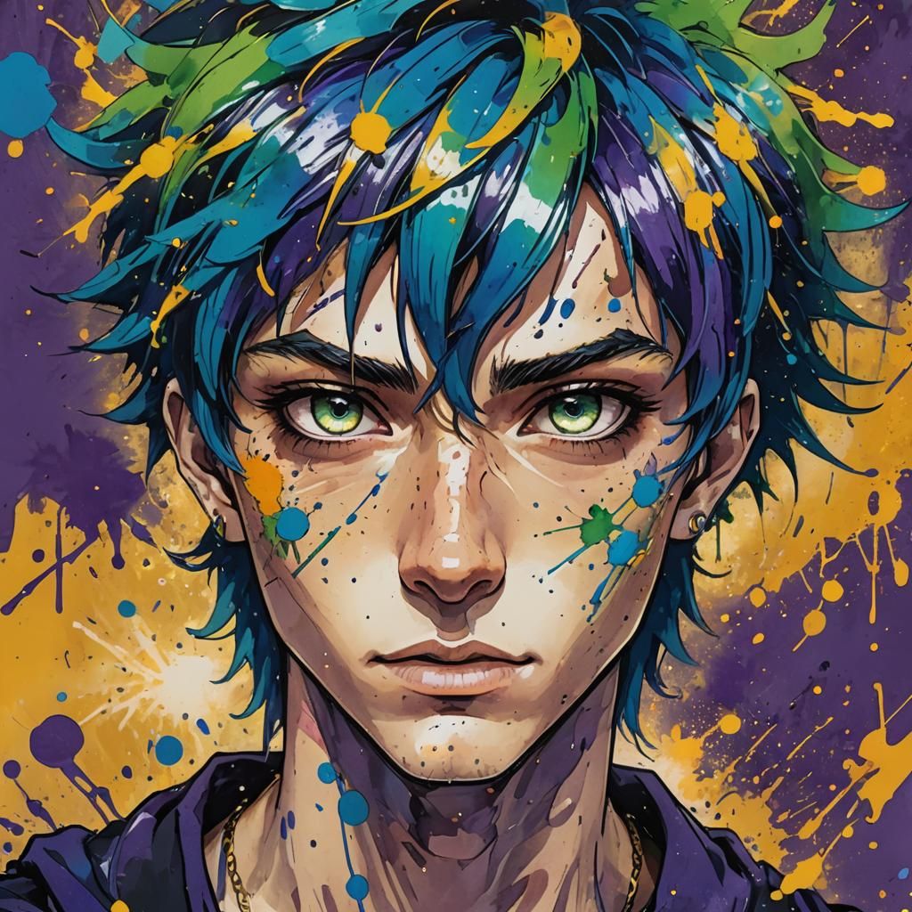 Vibrant Anime Boy Portrait in Ink Splatter Art