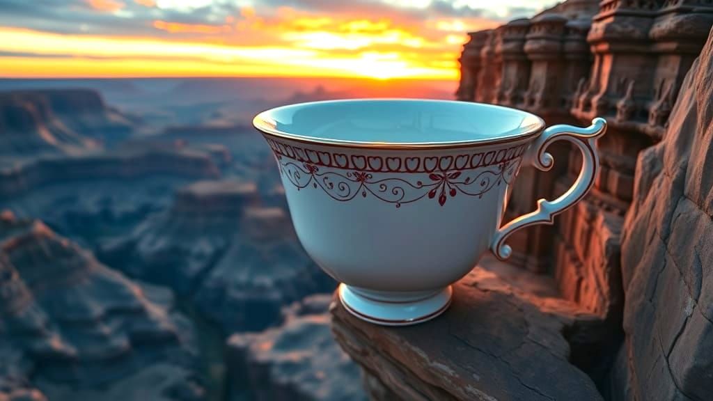 Giant Teacup Overlooking Canyon at Sunset