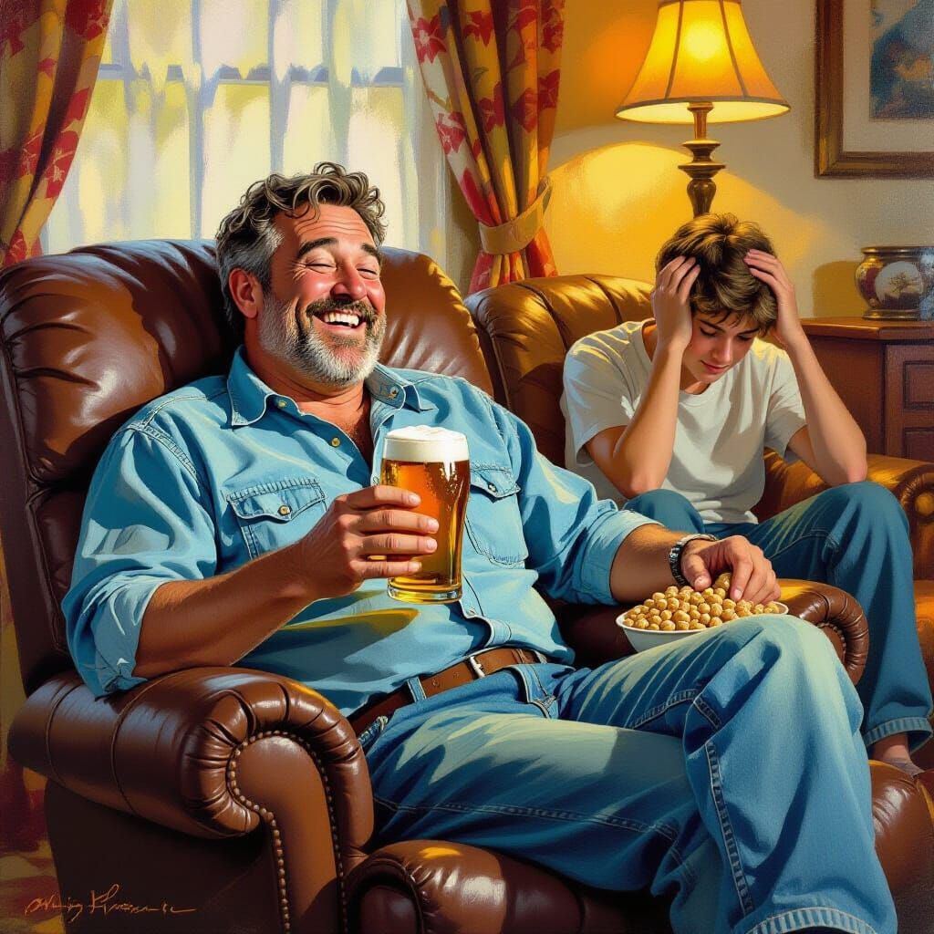 Man Laughing in Recliner, Rockwell-Inspired