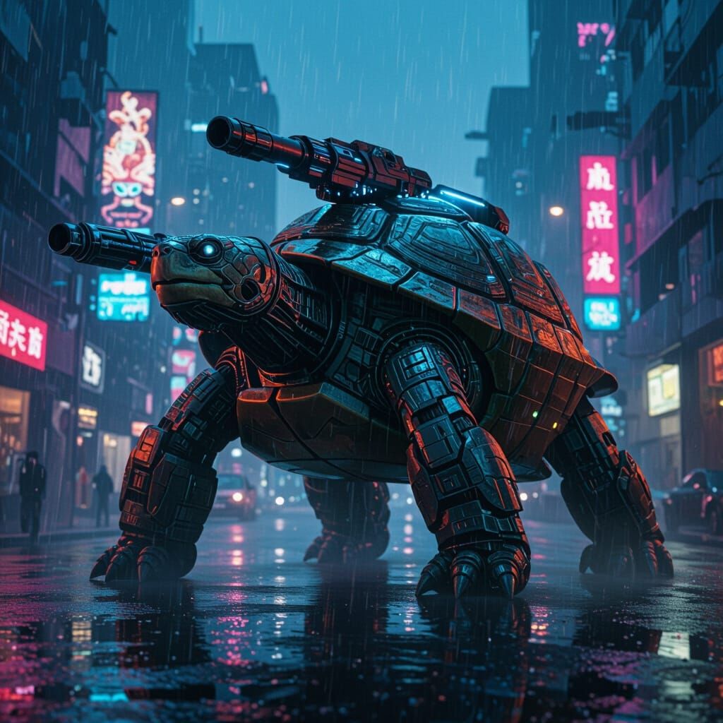 Cyborg Turtle in Neon Cyberpunk Cityscape