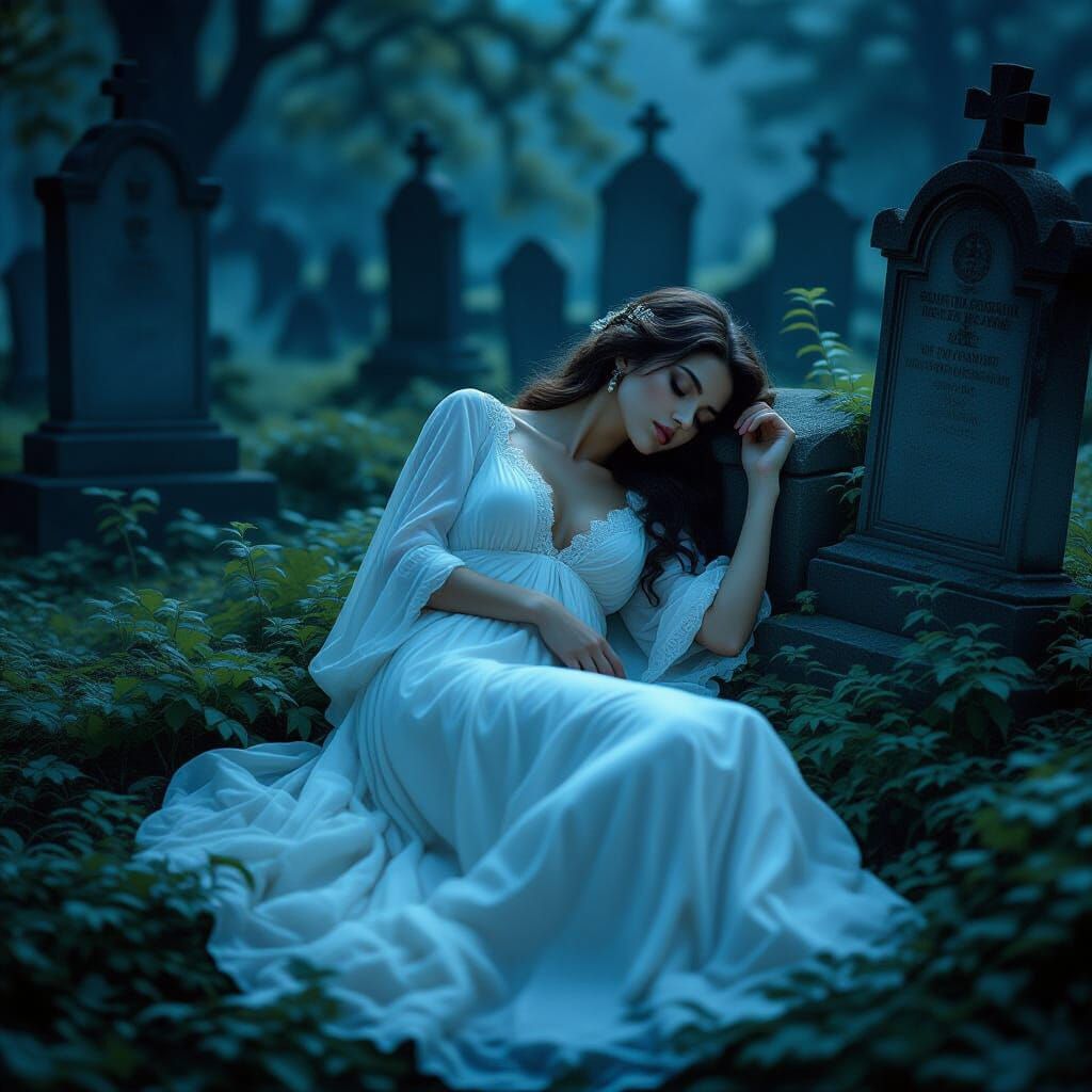 Serene Woman Asleep in Graveyard, Dreamlike Art