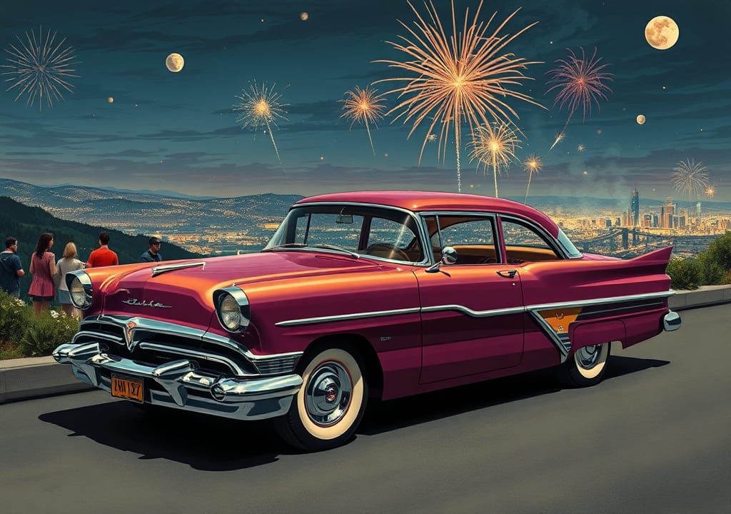 1955 DeSoto Sedan Illustration with Fireworks