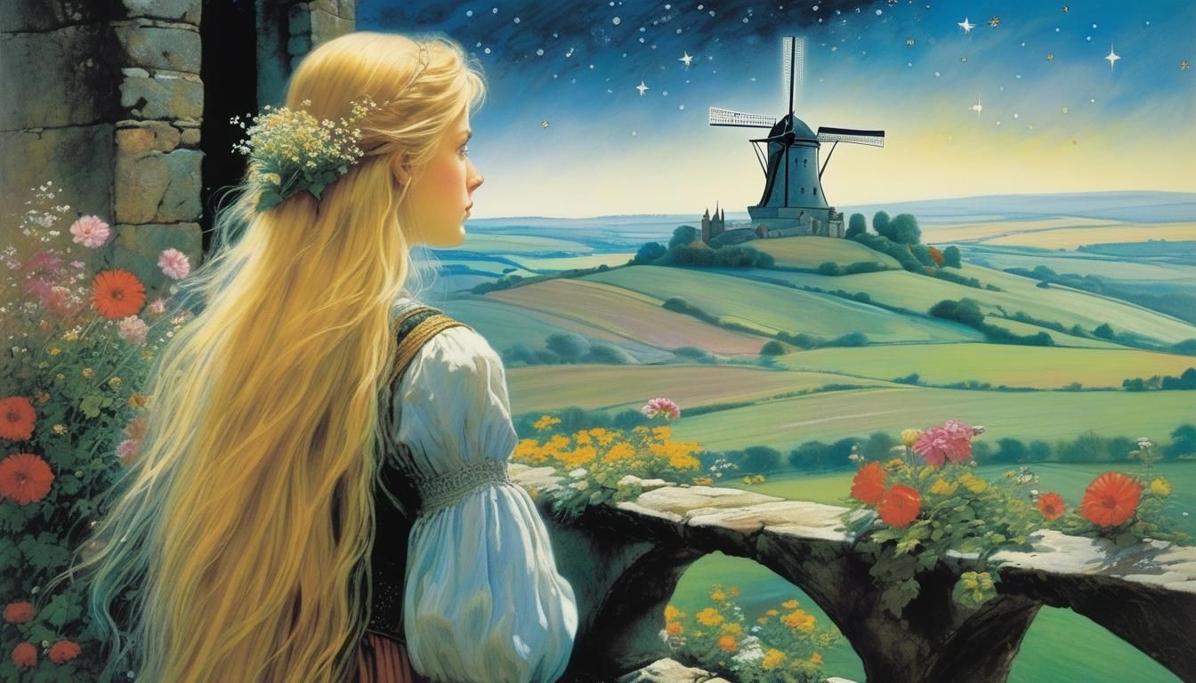 Rapunzel in Medieval Castle Tower, Aquarelle Style