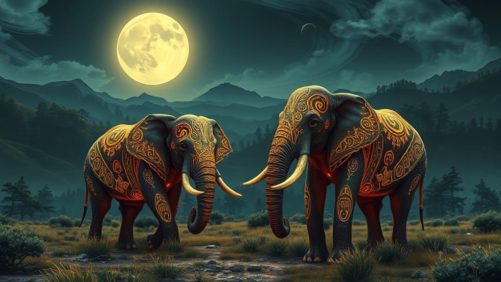 Cyberpunk Elephants under a Blazing Moonlit Sky