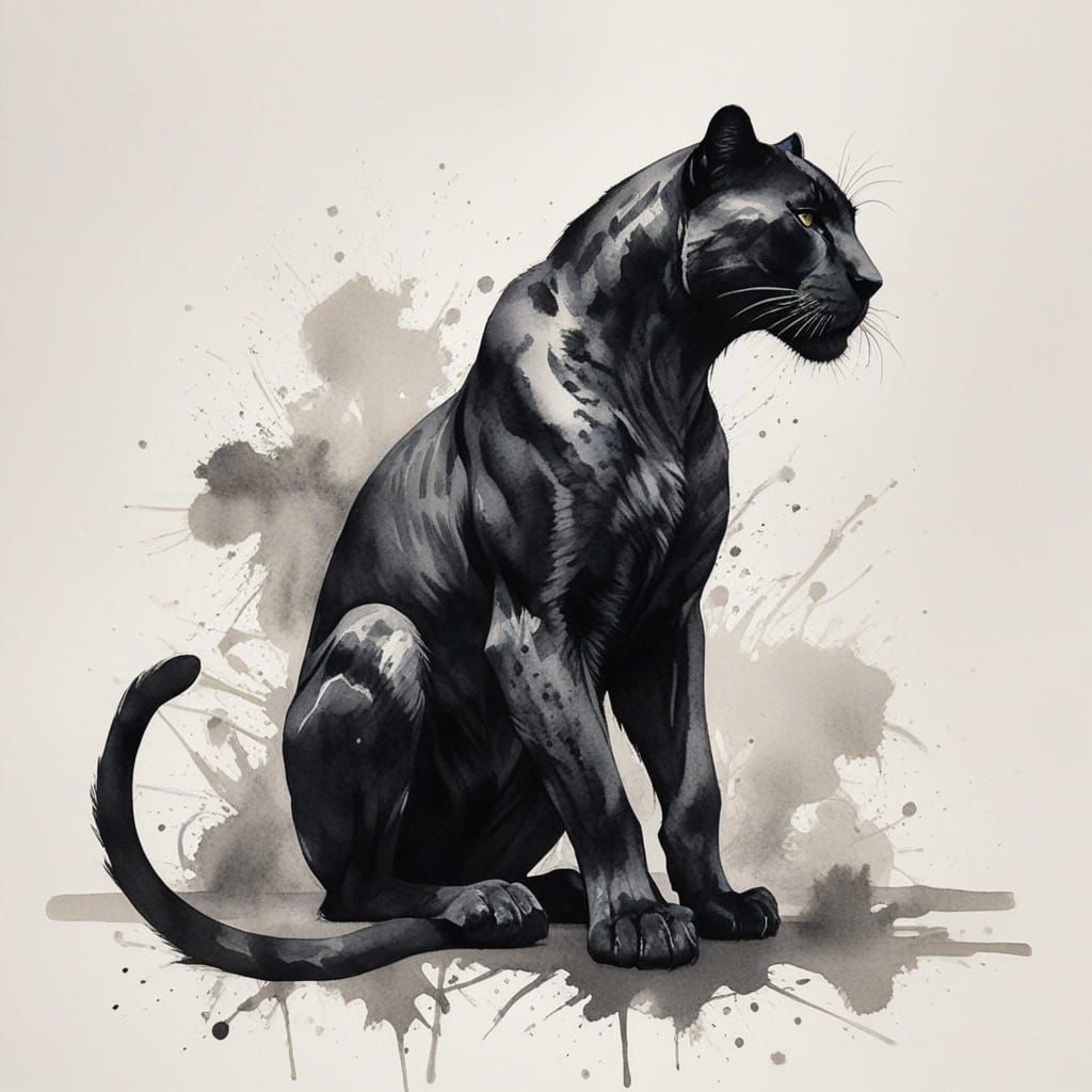 Stylized Black Panther Ink Wash Tattoo Art