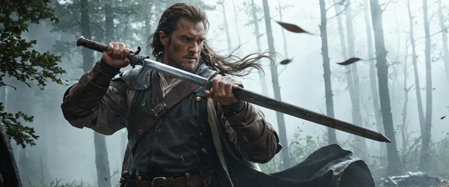 Cinematic Character with Sword Hilt in Brown Leather Vest