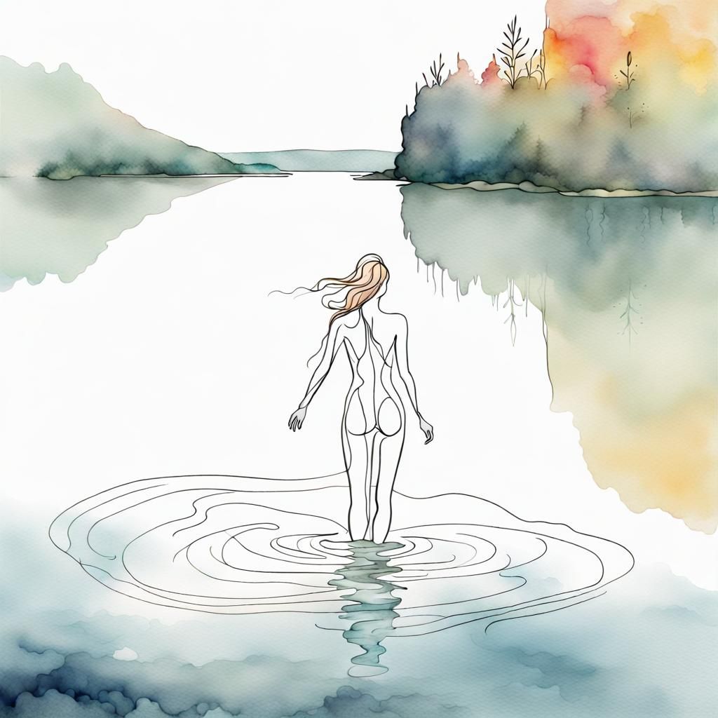 Elegant One Line Art: Woman Emerges from Lake