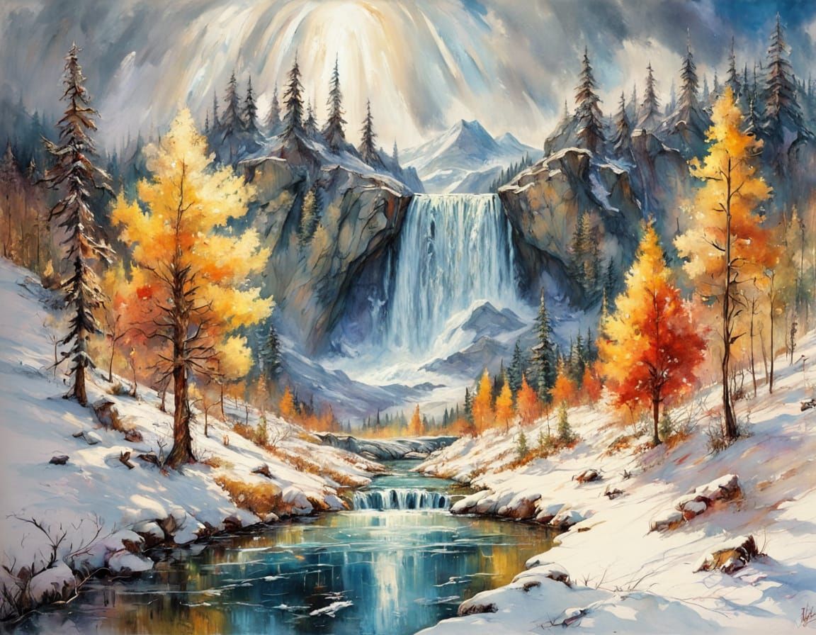 Autumn Waterfall Amidst First Snow, Oil Painting Style