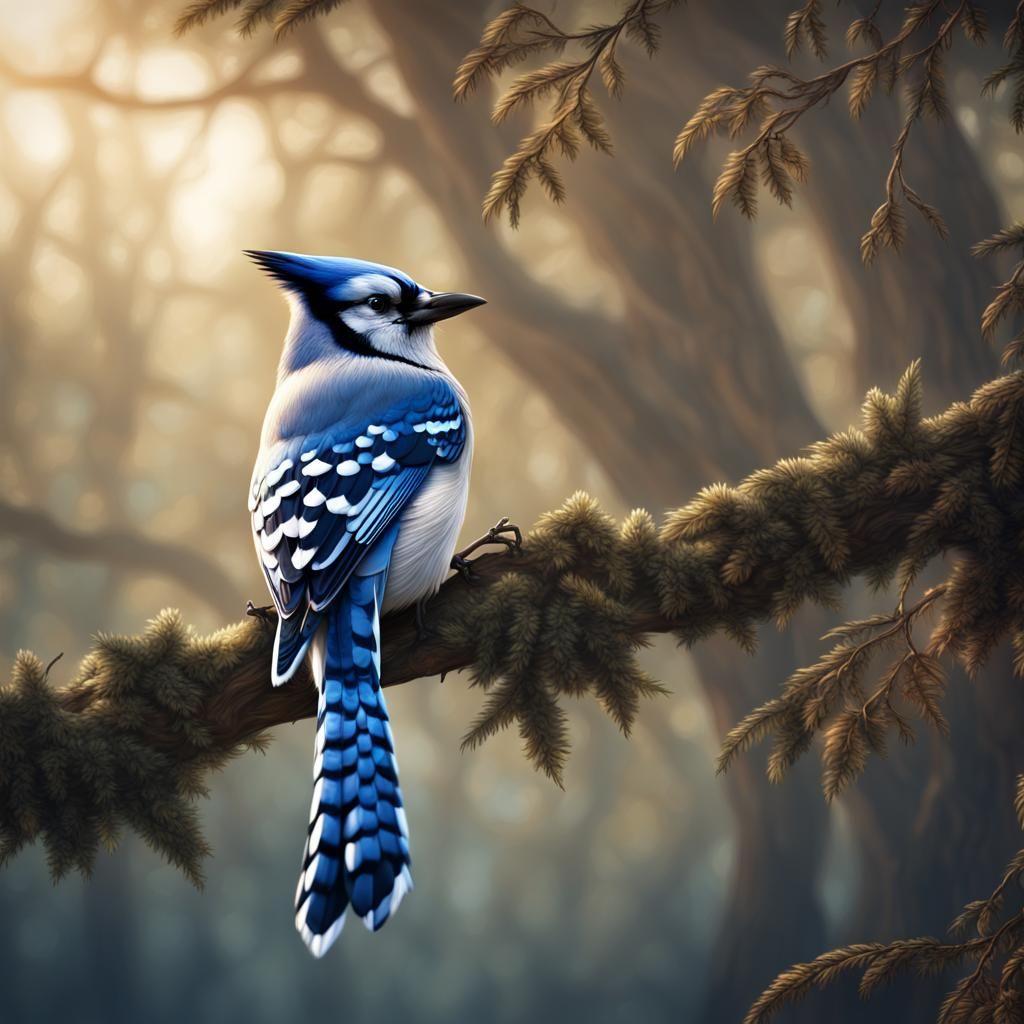 Blue Jay on Branch: Digital Matte Painting