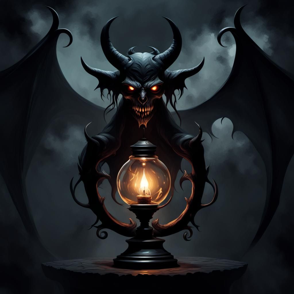 Grimdark Demon Lamp in Tenebrism Style