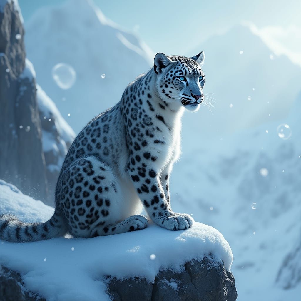 Snow Leopard on Snowy Peak in Hyperrealistic Style