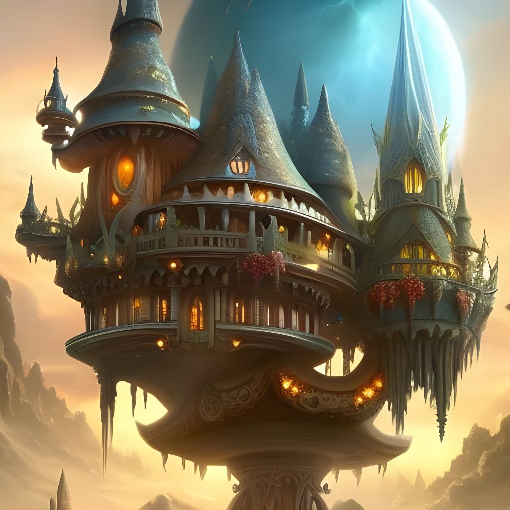 Magical Fairy House City in Clouds, Art Nouveau Style