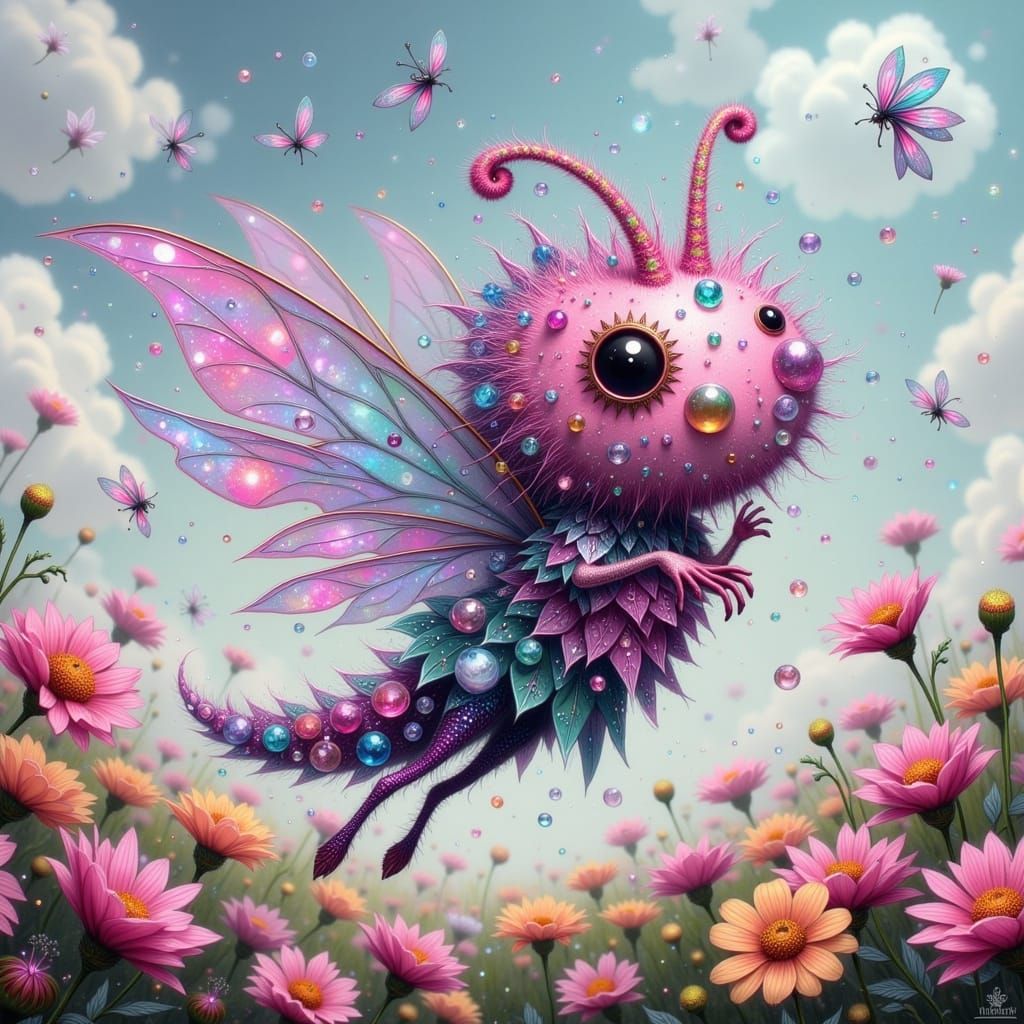 Whimsical Fairy Punk Creature in a Vibrant Meadow