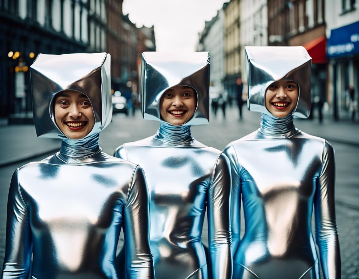 Futuristic Women in Silver Bags, Mondrian Style