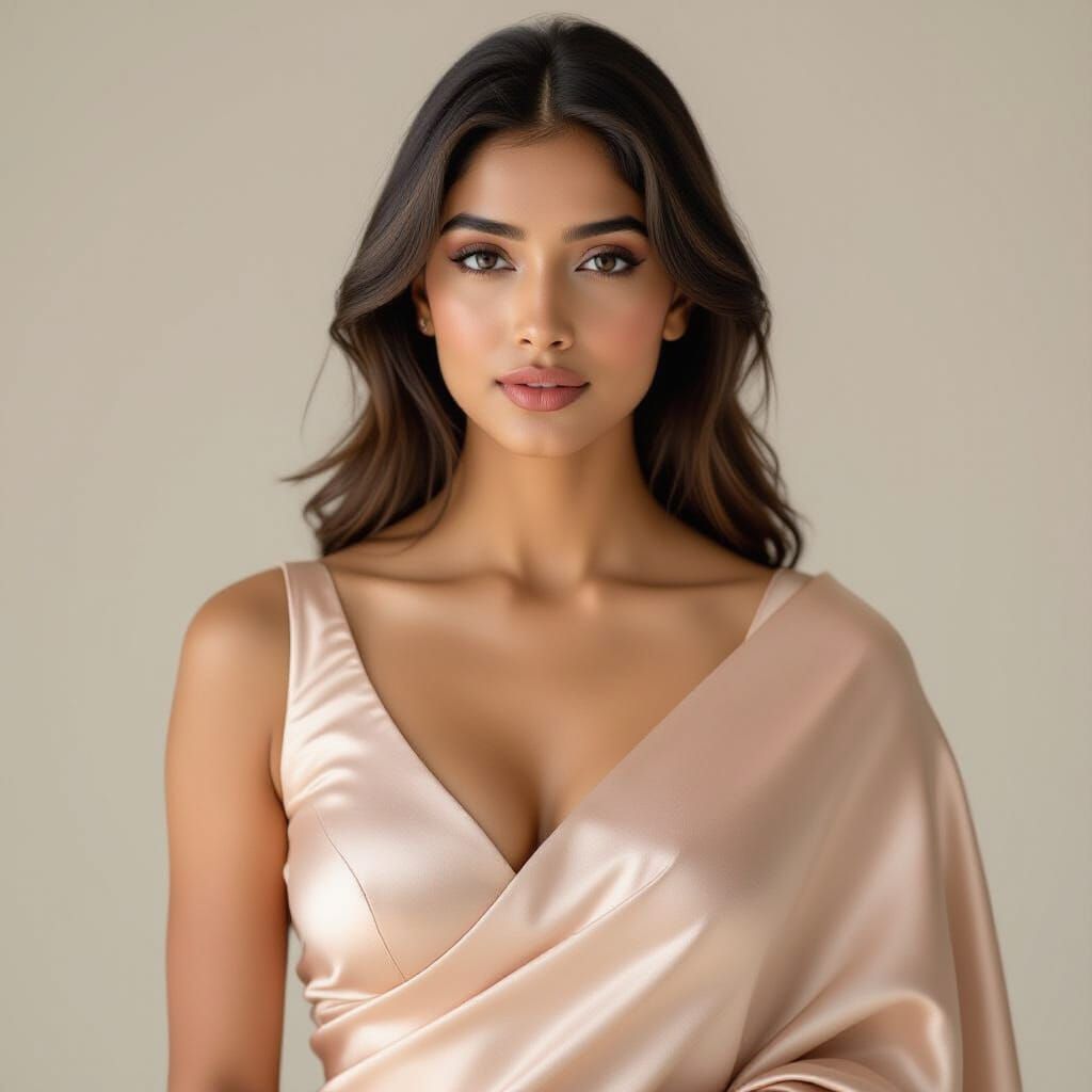 Elegant Indian Woman in Satin Saree Studio Portrait