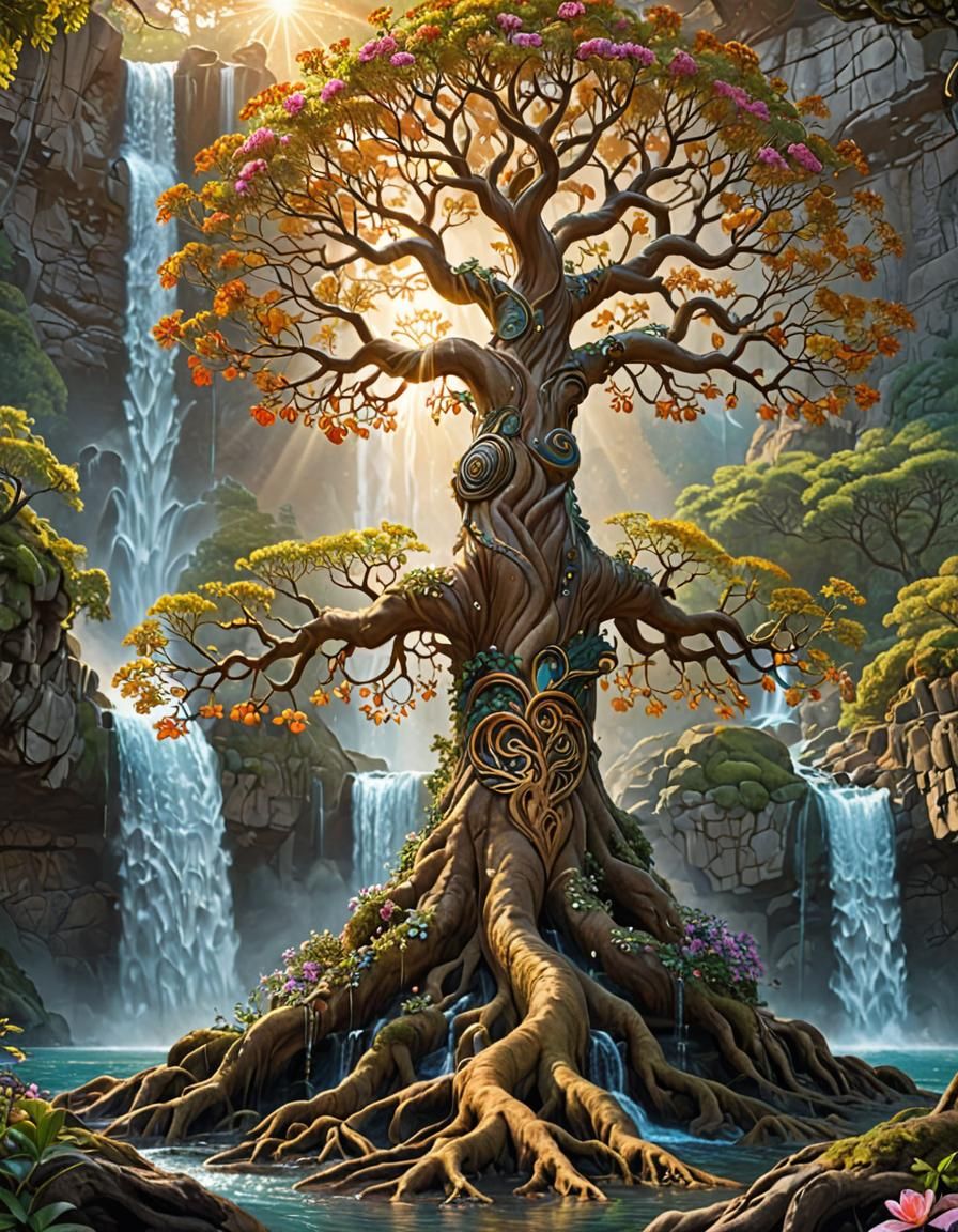 Yggdrasil: Radiant Tree of Life Waterfall in Art Nouveau