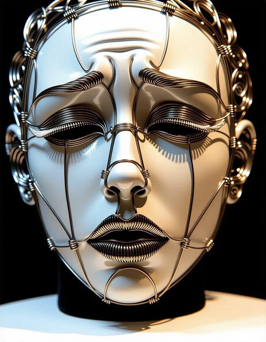 Dual Expression Wire Mask Sculpture in Biomechanical Style