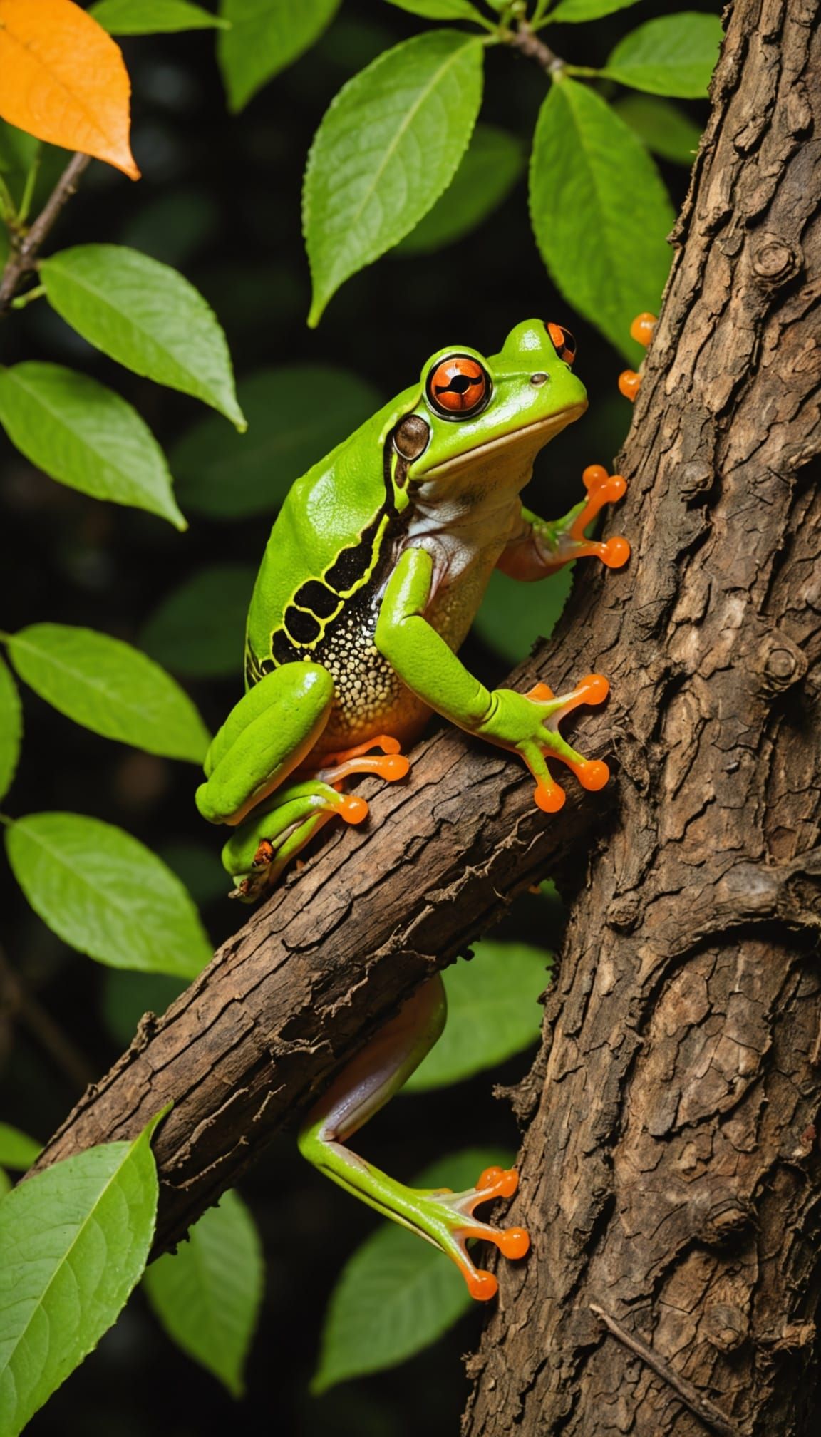 Neon Green Frog Hunting Orange Bug