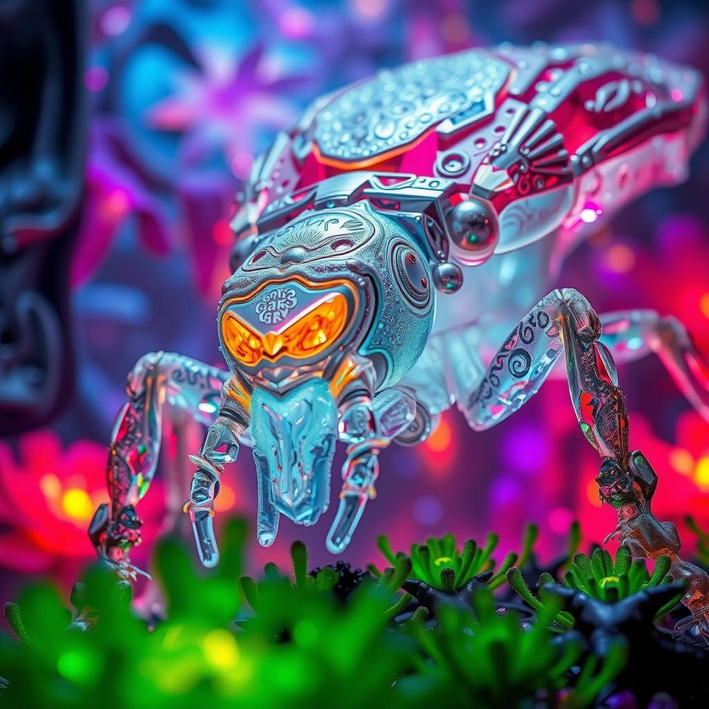 Crystalline Alien Insect in Bioluminescent Jungle
