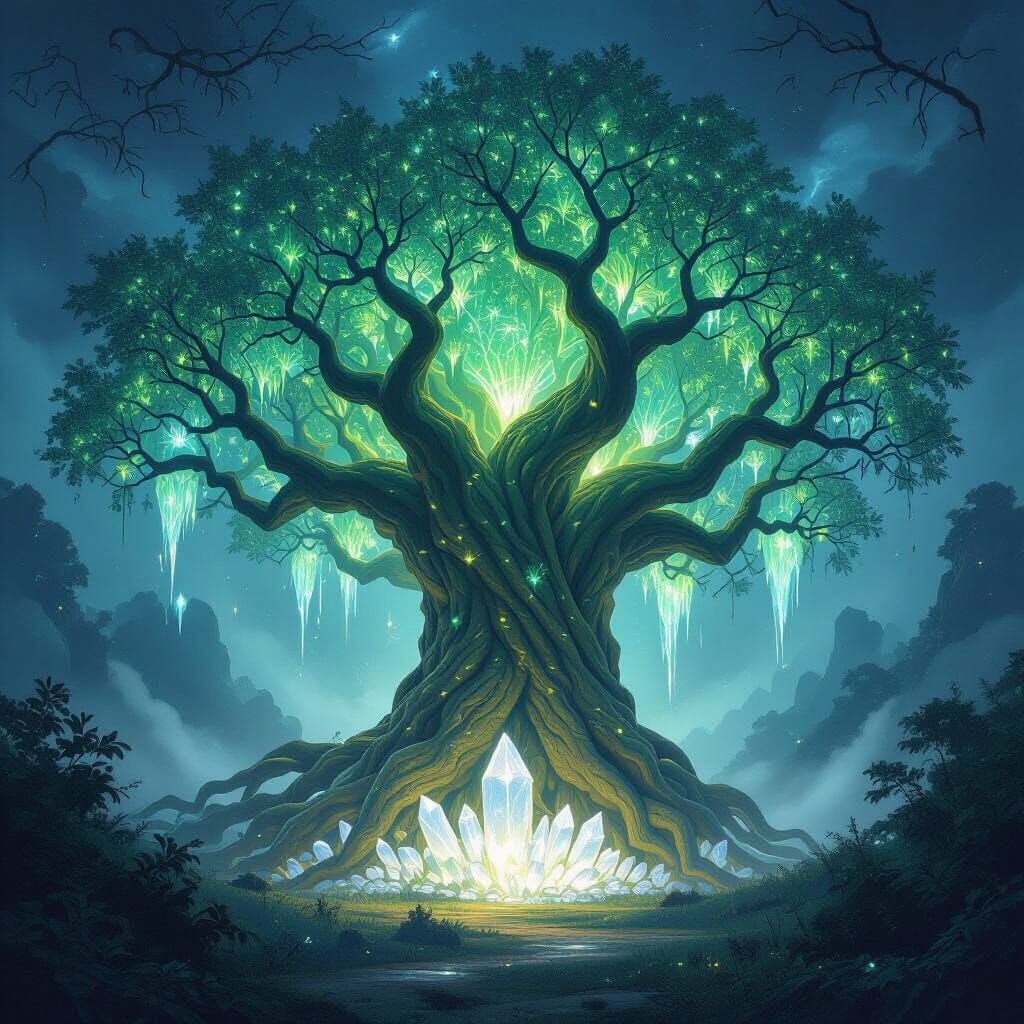 Ancient Bioluminescent Tree in Crystal Glade